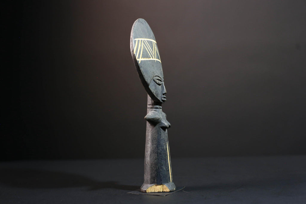African fertility decor Akan akuaba figure with flat disc head geometric carvings and abstract female form for symbolic wall display G5499