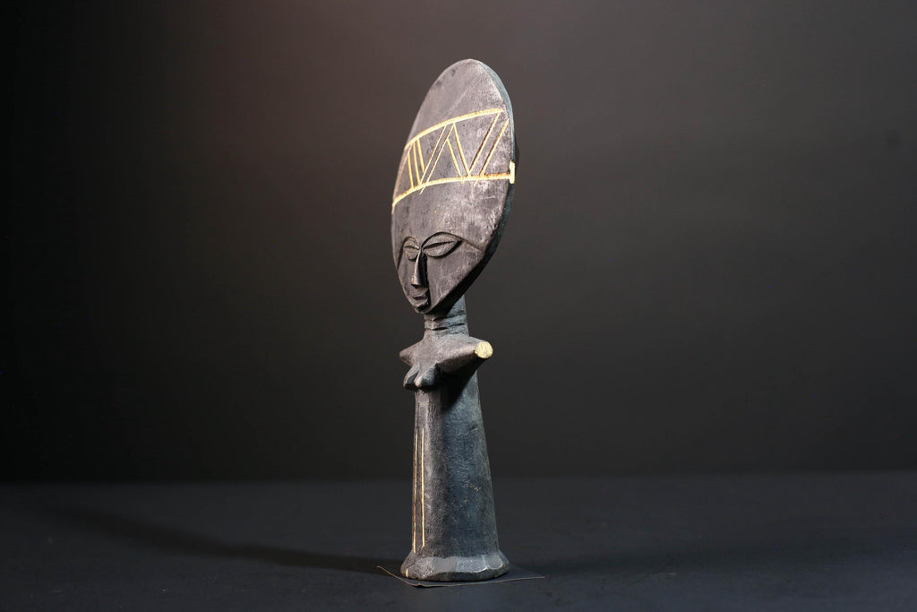 African fertility decor Akan akuaba figure with flat disc head geometric carvings and abstract female form for symbolic wall display G5499