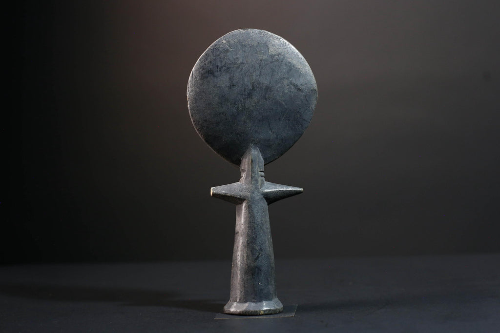 African fertility decor Akan akuaba figure with flat disc head geometric carvings and abstract female form for symbolic wall display G5499