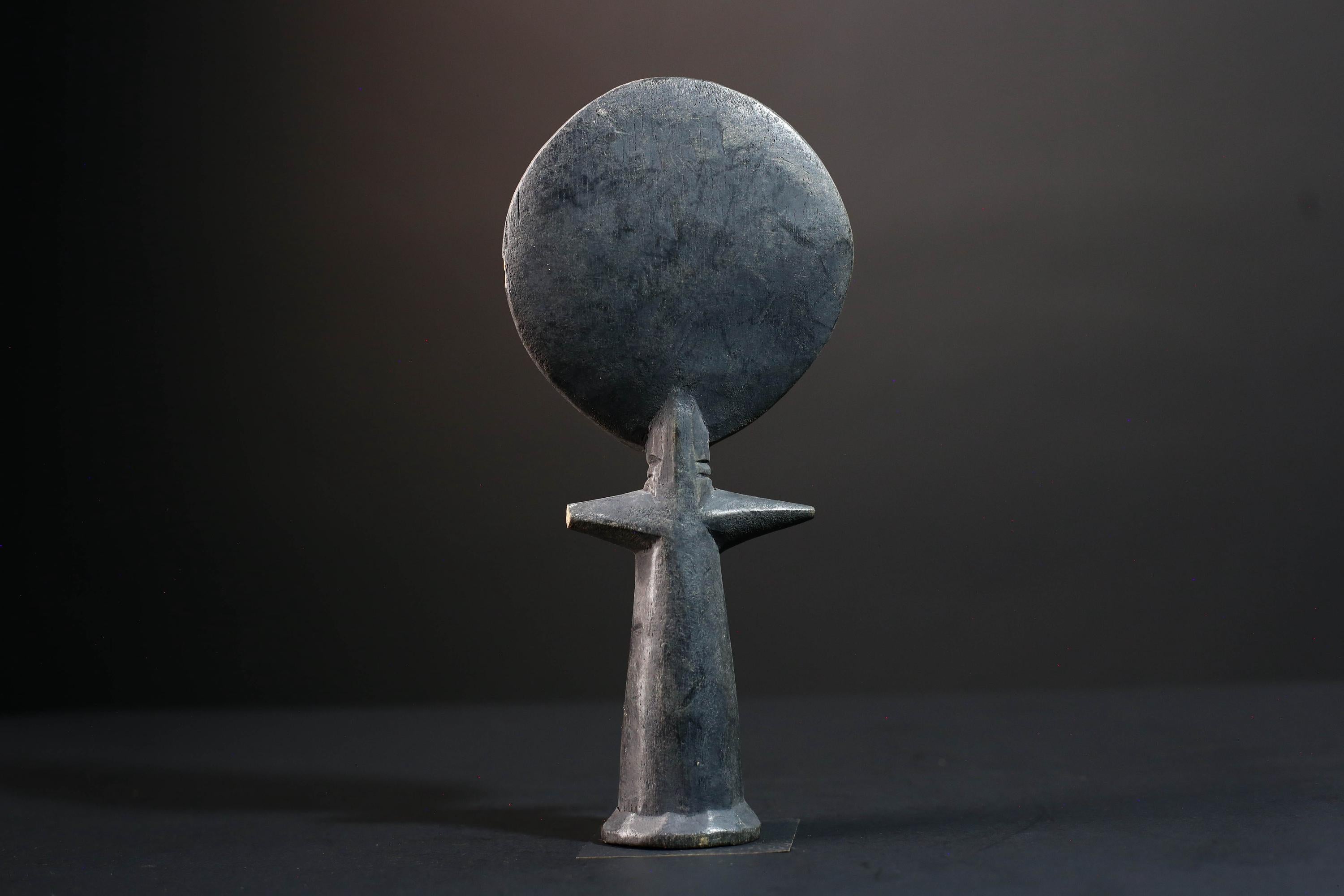 African fertility decor Akan akuaba figure with flat disc head geometric carvings and abstract female form for symbolic wall display G5499