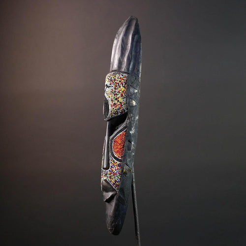 Africa beaded wall mask with long black form colorful tribal bird design and red cheek patterns for yoruba inspired decorative display G5503