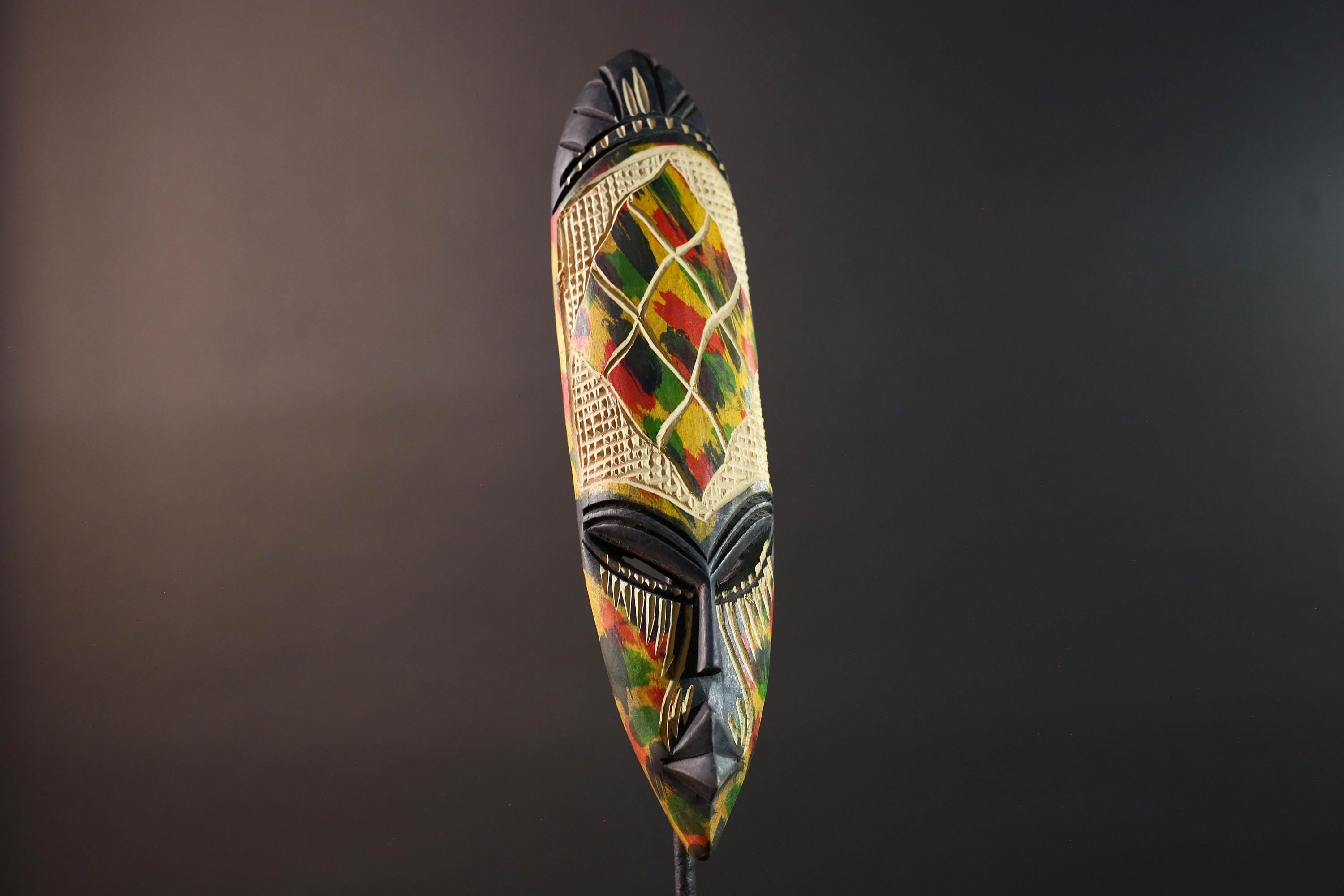 African wall mask decor hand carved tribal face mask multicolor wood mask narrow boho wall art African home accent wall hanging G5504