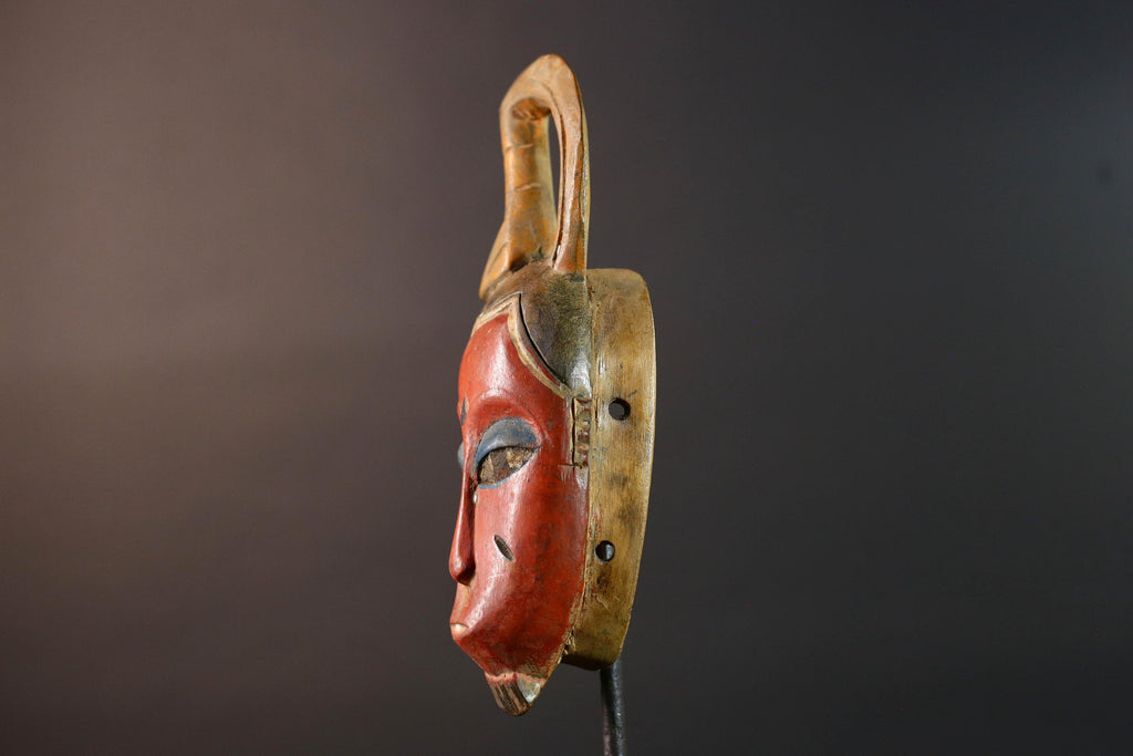 African Guro wall mask red face carved wood mask with loop crest tribal sculpture rustic African decor handmade wall hanging G5505
