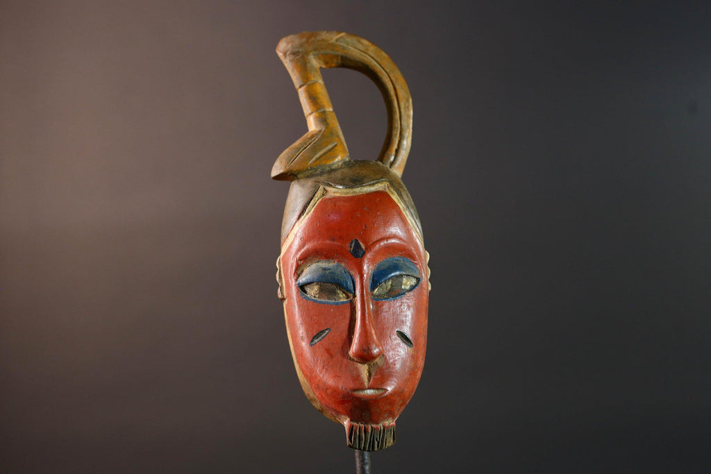 African Guro wall mask red face carved wood mask with loop crest tribal sculpture rustic African decor handmade wall hanging G5505