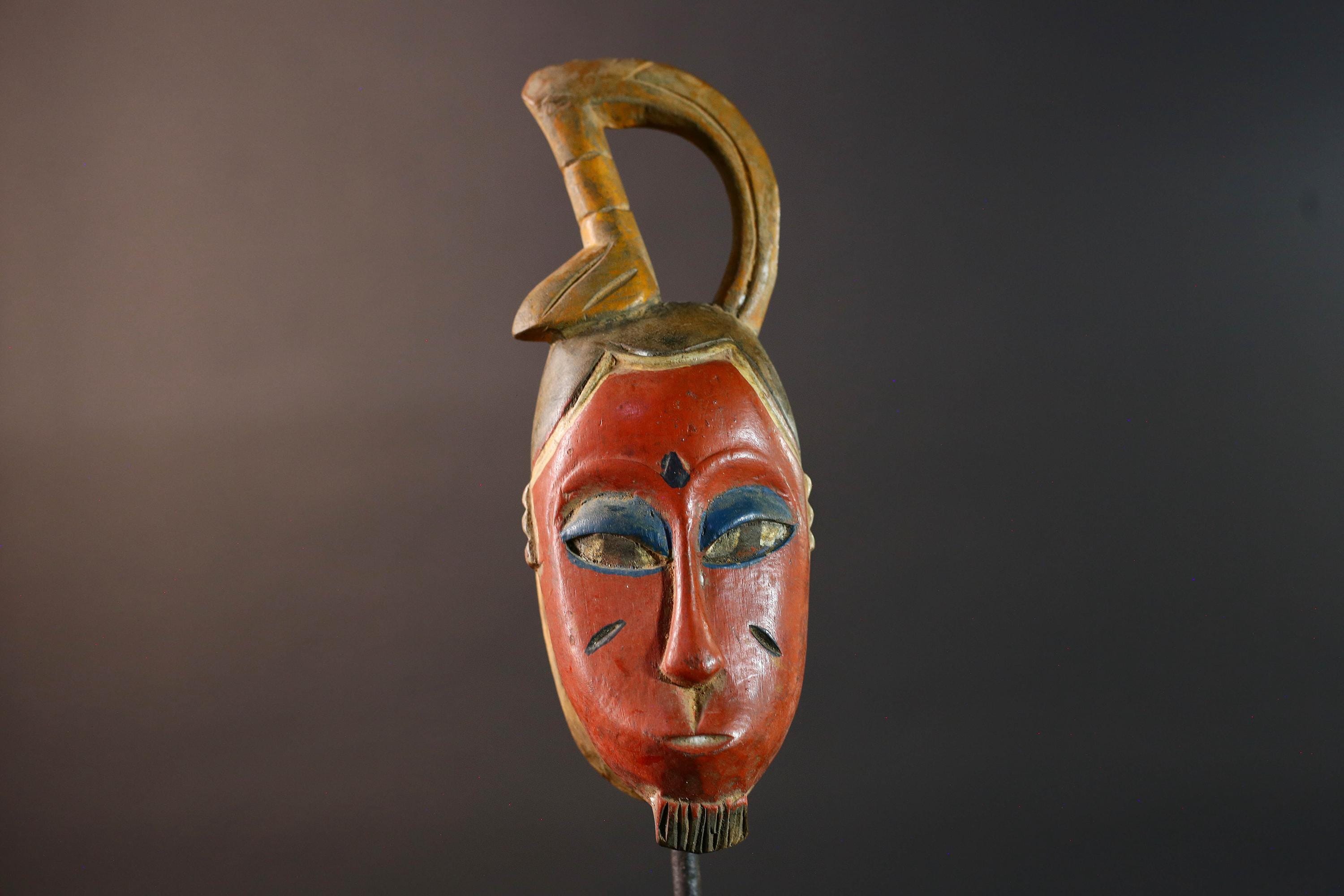 African Guro wall mask red face carved wood mask with loop crest tribal sculpture rustic African decor handmade wall hanging G5505