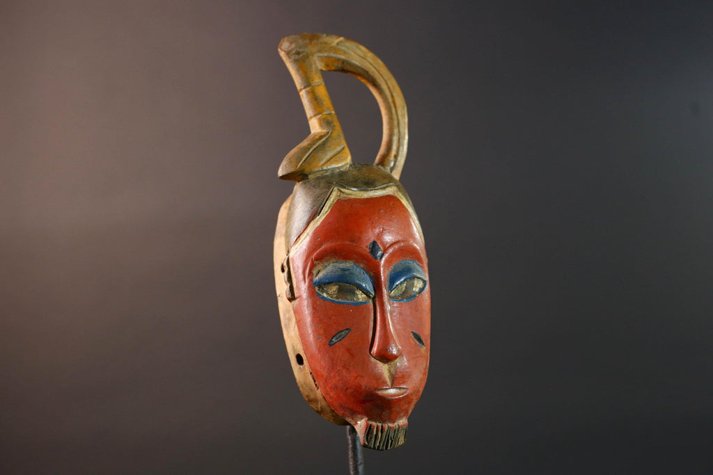 African Guro wall mask red face carved wood mask with loop crest tribal sculpture rustic African decor handmade wall hanging G5505