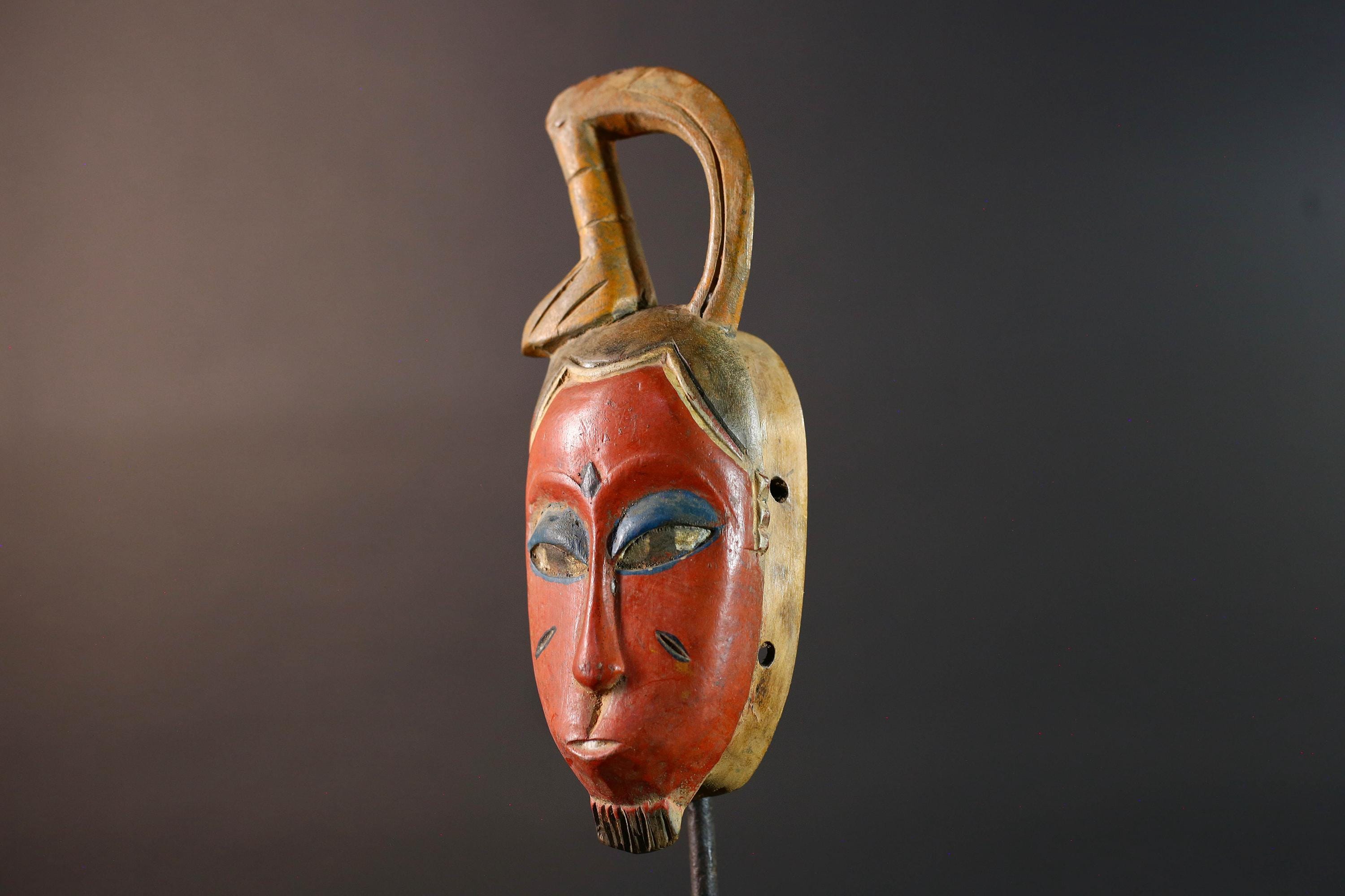 African Guro wall mask red face carved wood mask with loop crest tribal sculpture rustic African decor handmade wall hanging G5505