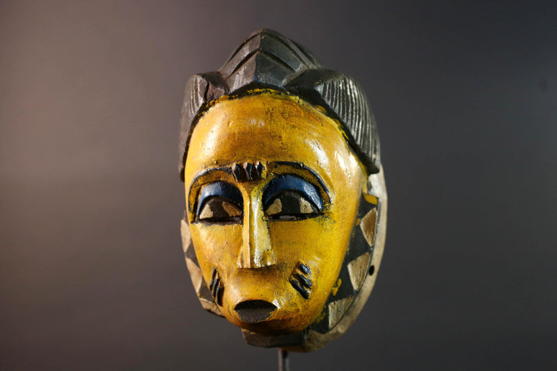 African Baule mask yellow face carved wood mask with blue eyelids tribal portrait decor scarification marks wall art handmade G5506