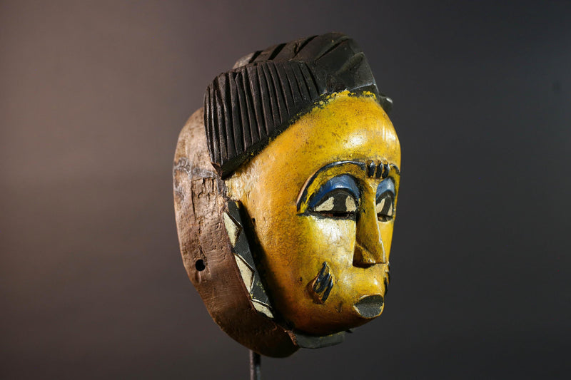 African Baule mask yellow face carved wood mask with blue eyelids tribal portrait decor scarification marks wall art handmade G5506