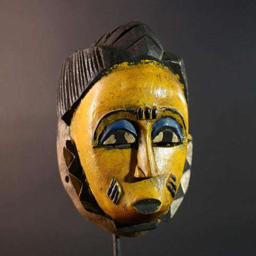 African Baule mask yellow face carved wood mask with blue eyelids tribal portrait decor scarification marks wall art handmade G5506