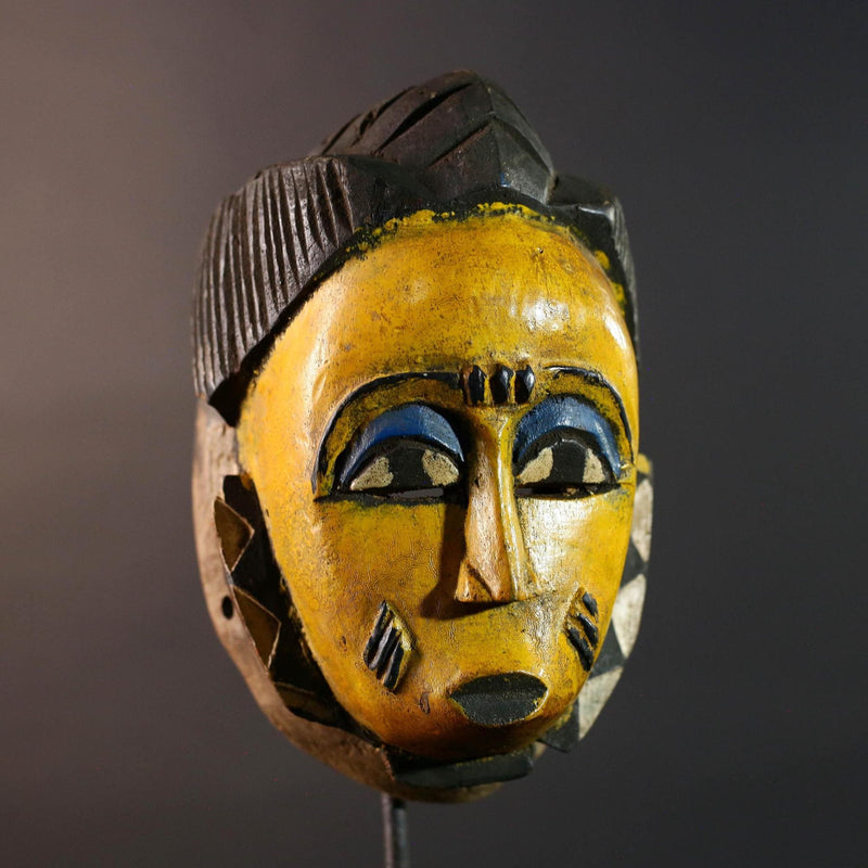 African Baule mask yellow face carved wood mask with blue eyelids tribal portrait decor scarification marks wall art handmade G5506