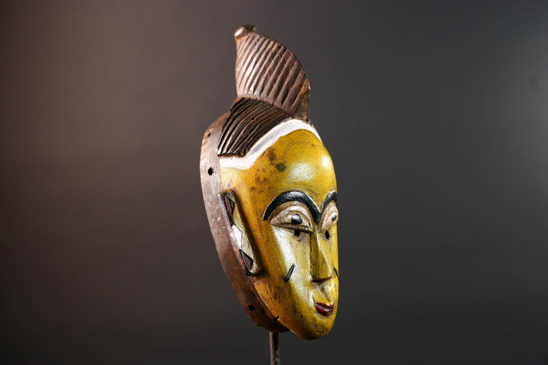 Yellow African tribal mask hand carved wood wall sculpture with cowrie shells leather crest folk figure symbolic ethnic home decor-G5522
