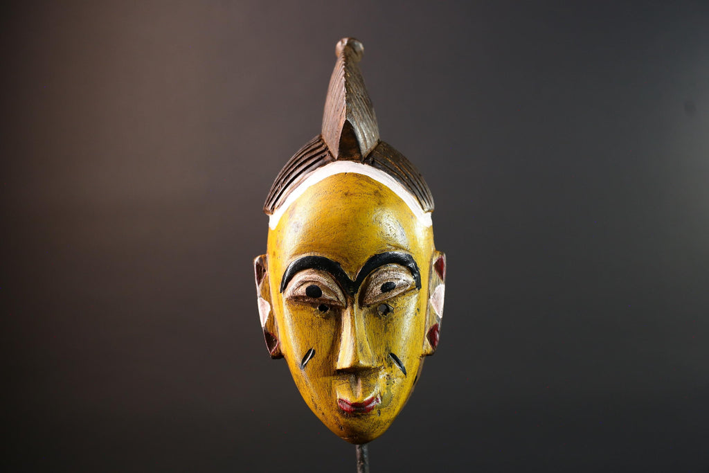 Yellow African tribal mask hand carved wood wall sculpture with cowrie shells leather crest folk figure symbolic ethnic home decor-G5522