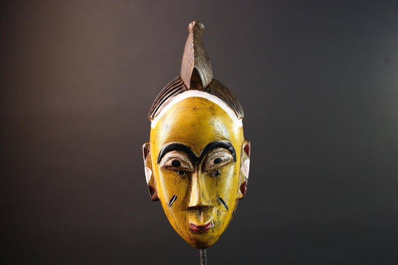 Yellow African tribal mask hand carved wood wall sculpture with cowrie shells leather crest folk figure symbolic ethnic home decor-G5522