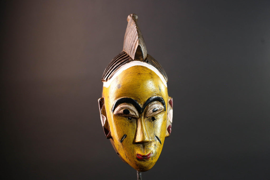 Yellow African tribal mask hand carved wood wall sculpture with cowrie shells leather crest folk figure symbolic ethnic home decor-G5522