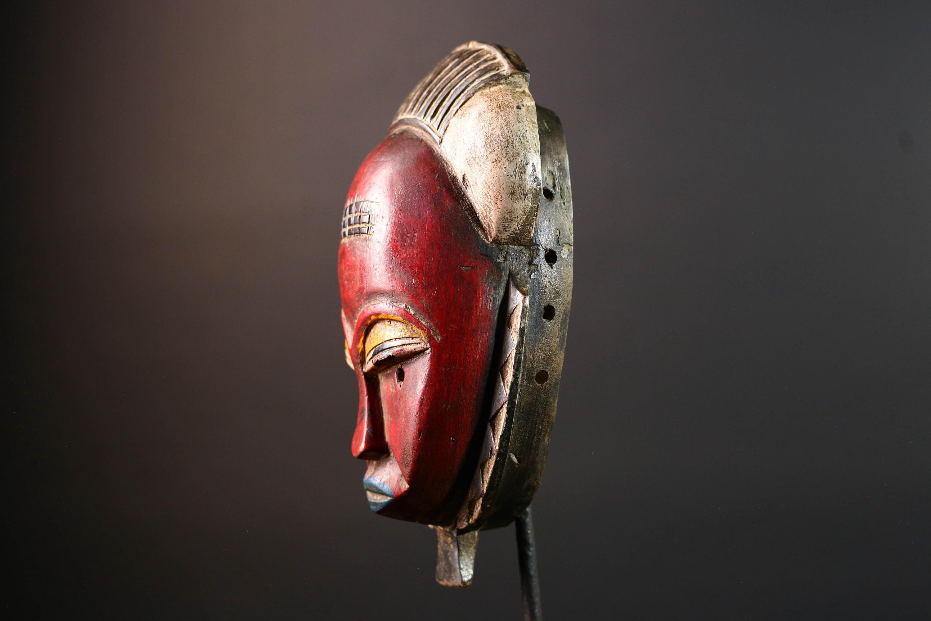 Red African face mask Baule carved wood tribal art wall sculpture with cross scarifications domed crest symbolic ethnic home decor-G5521
