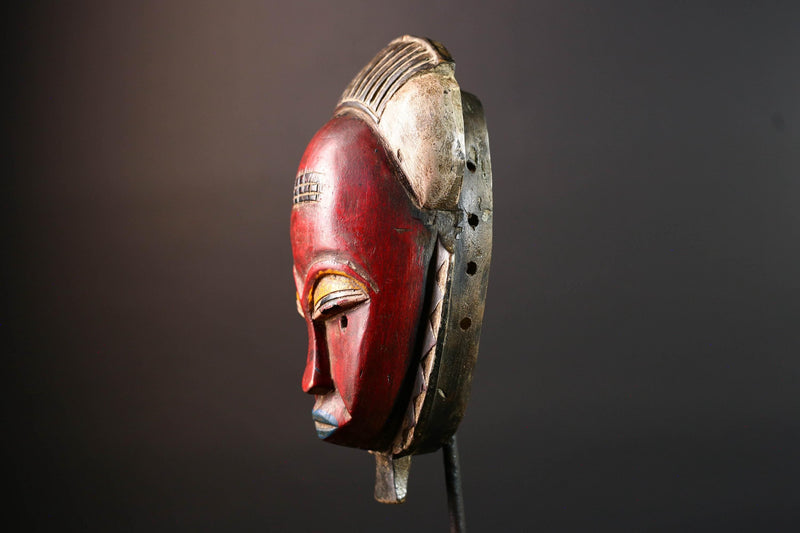 Red African face mask Baule carved wood tribal art wall sculpture with cross scarifications domed crest symbolic ethnic home decor-G5521