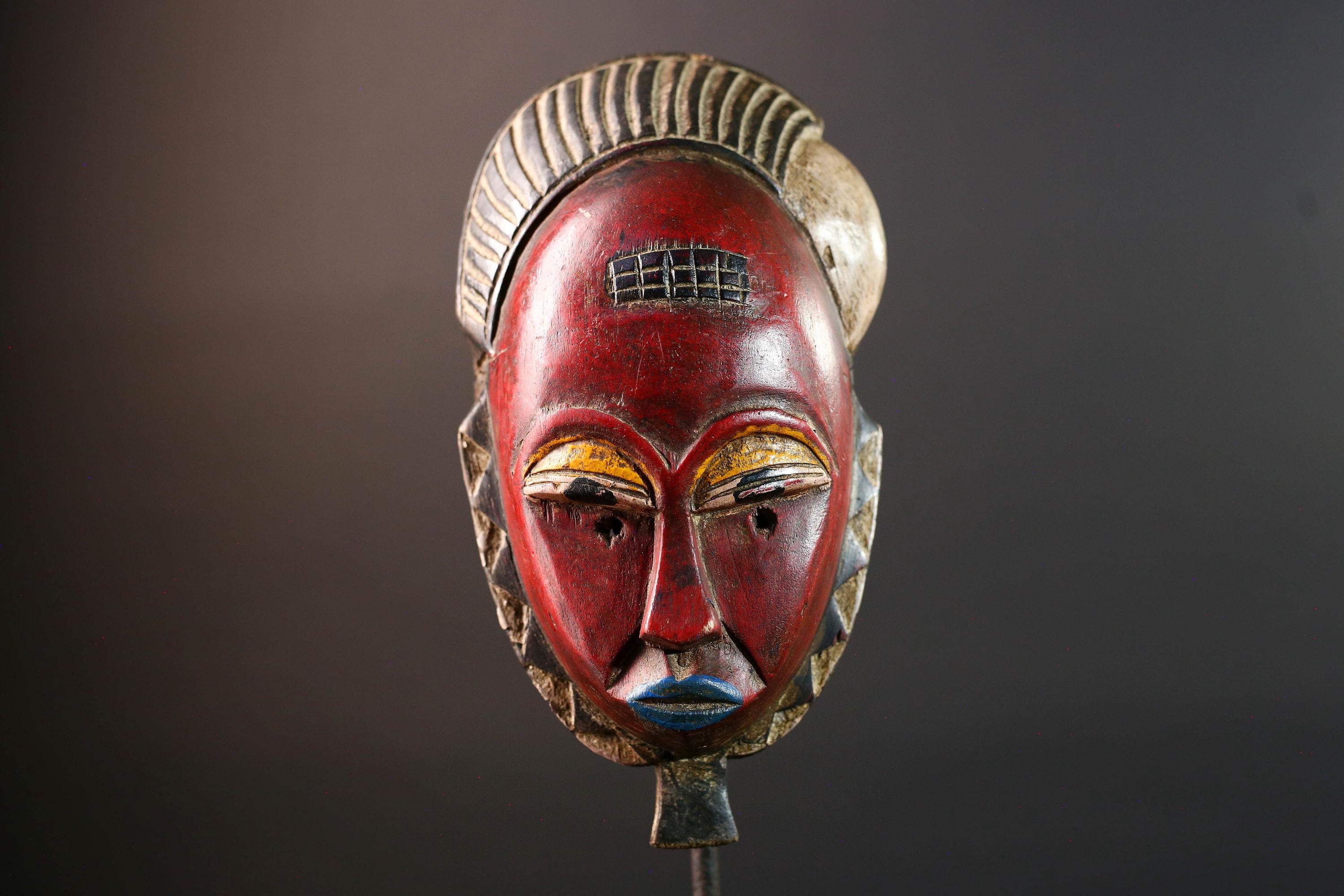 Red African face mask Baule carved wood tribal art wall sculpture with cross scarifications domed crest symbolic ethnic home decor-G5521
