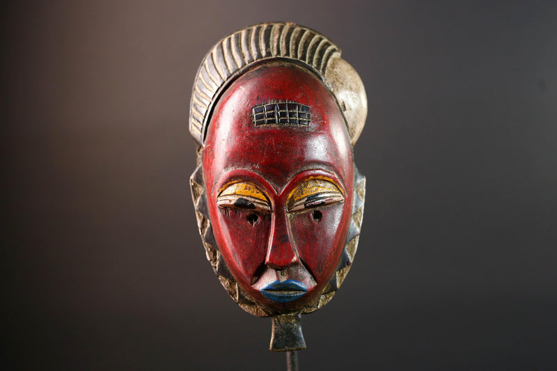Red African face mask Baule carved wood tribal art wall sculpture with cross scarifications domed crest symbolic ethnic home decor-G5521