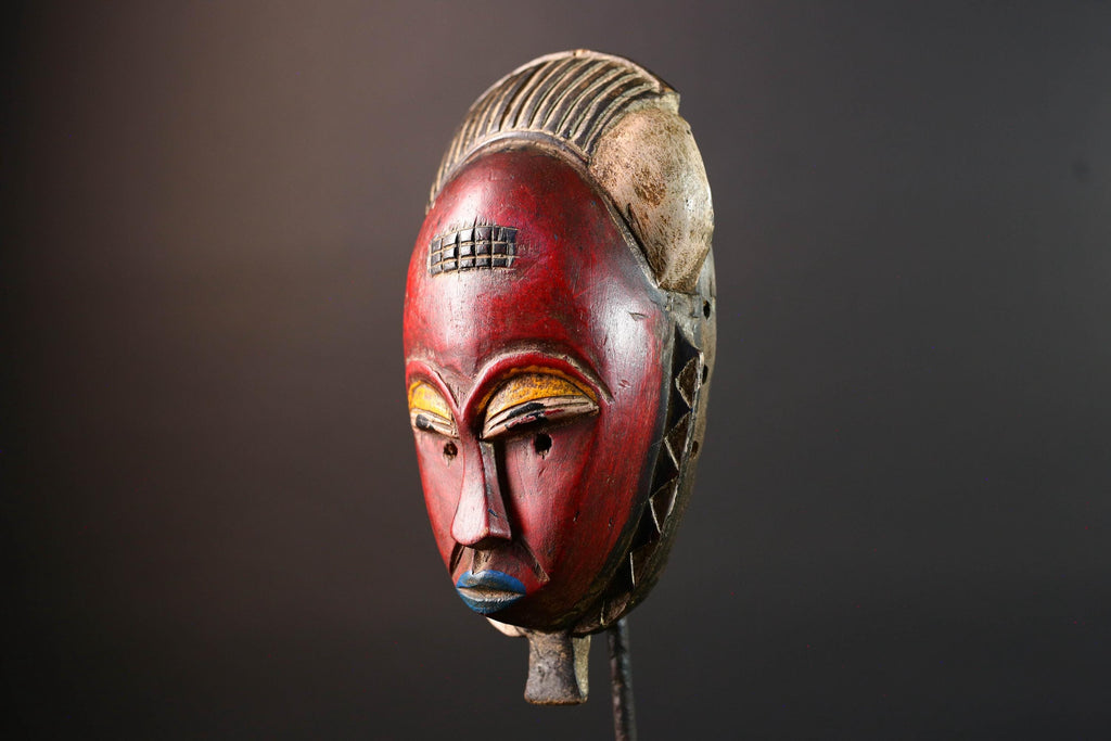Red African face mask Baule carved wood tribal art wall sculpture with cross scarifications domed crest symbolic ethnic home decor-G5521