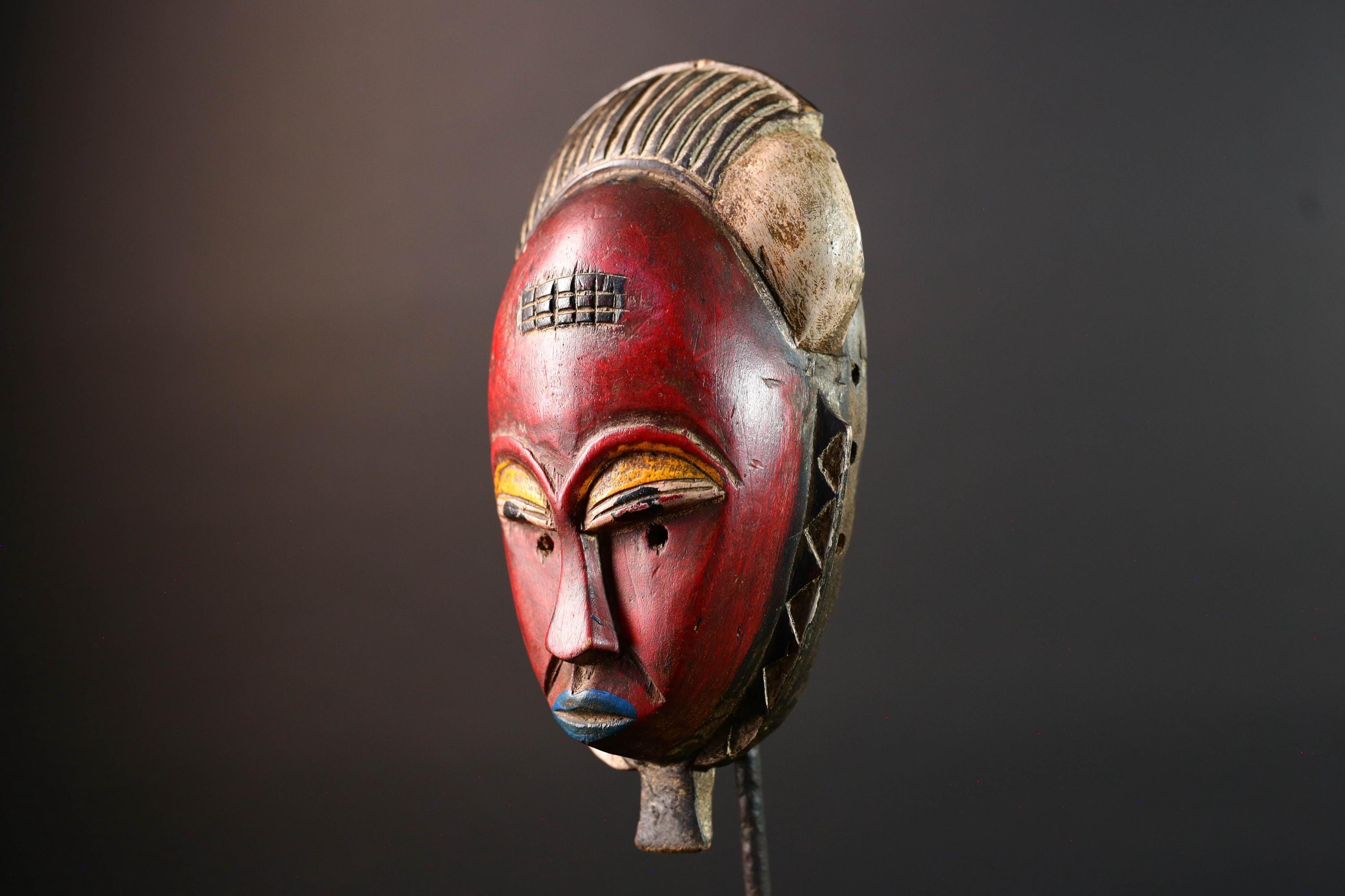 Red African face mask Baule carved wood tribal art wall sculpture with cross scarifications domed crest symbolic ethnic home decor-G5521