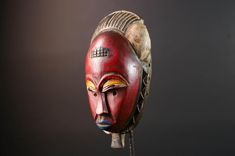 Red African face mask Baule carved wood tribal art wall sculpture with cross scarifications domed crest symbolic ethnic home decor-G5521