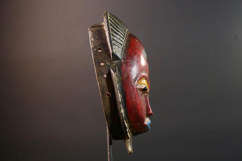 Red African face mask Baule carved wood tribal art wall sculpture with cross scarifications domed crest symbolic ethnic home decor-G5521
