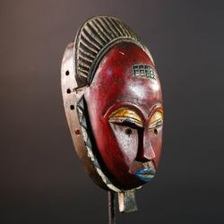 Red African face mask Baule carved wood tribal art wall sculpture with cross scarifications domed crest symbolic ethnic home decor-G5521
