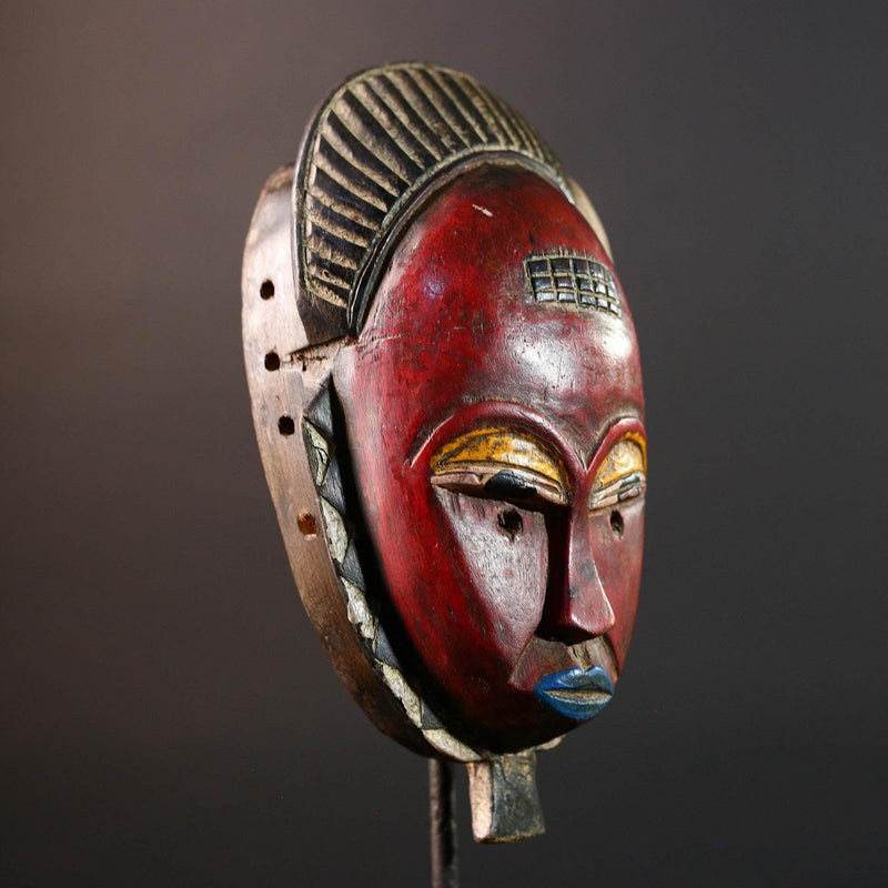 Red African face mask Baule carved wood tribal art wall sculpture with cross scarifications domed crest symbolic ethnic home decor-G5521