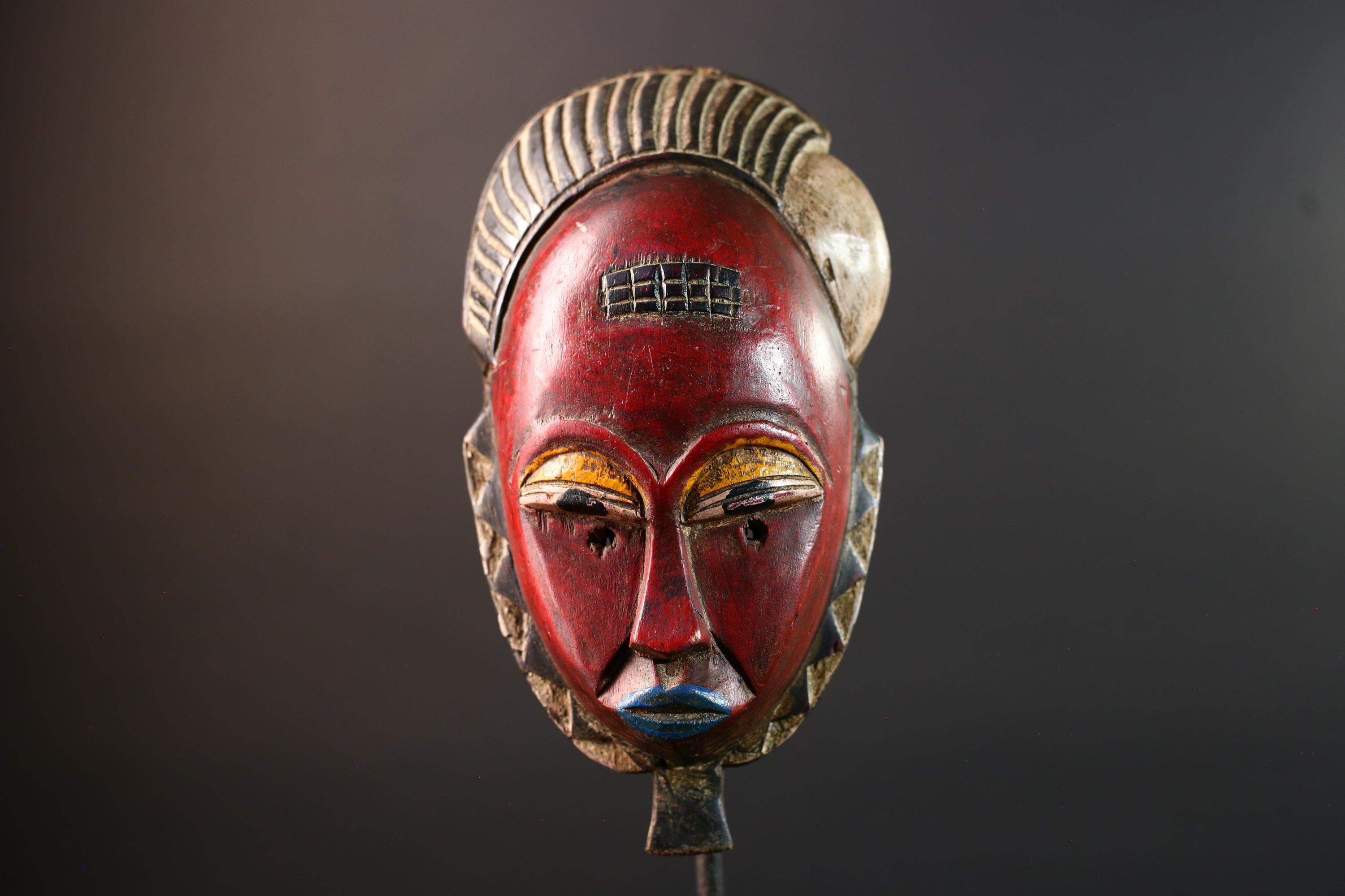 Red African face mask Baule carved wood tribal art wall sculpture with cross scarifications domed crest symbolic ethnic home decor-G5521