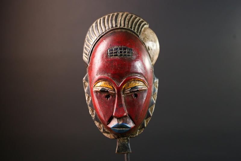 Red African face mask Baule carved wood tribal art wall sculpture with cross scarifications domed crest symbolic ethnic home decor-G5521