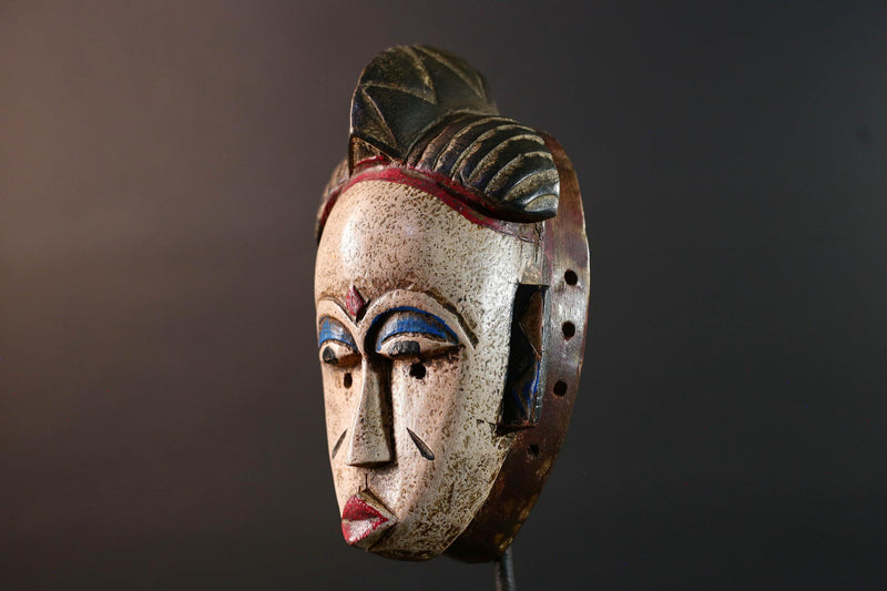 African tribal mask Baule carved wood wall decor with scarification red lips blue brows ivory tone artisan spiritual face sculpture-G5520