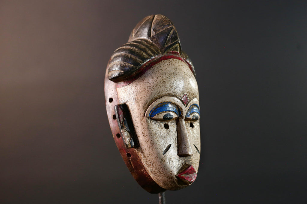 African tribal mask Baule carved wood wall decor with scarification red lips blue brows ivory tone artisan spiritual face sculpture-G5520