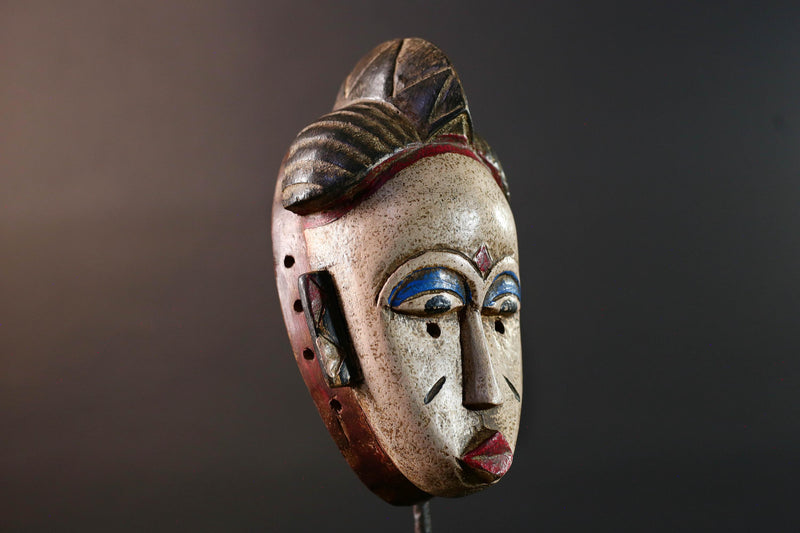 African tribal mask Baule carved wood wall decor with scarification red lips blue brows ivory tone artisan spiritual face sculpture-G5520