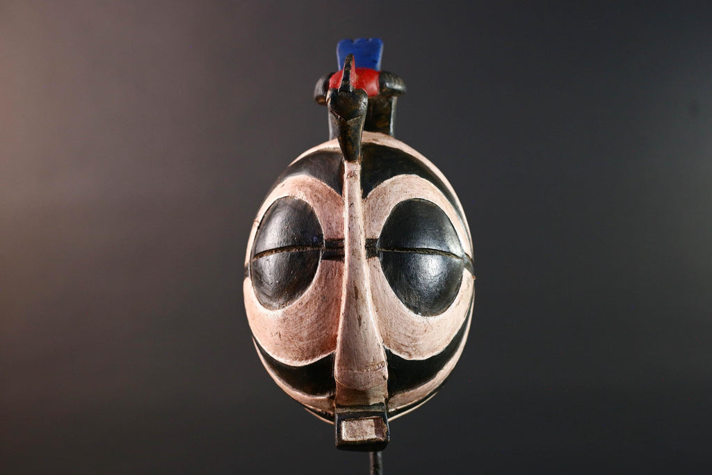 African tribal mask Bwa carved wood wall art with bold black white face round eyes geometric bird crest symbolic ethnic sculpture-G5515