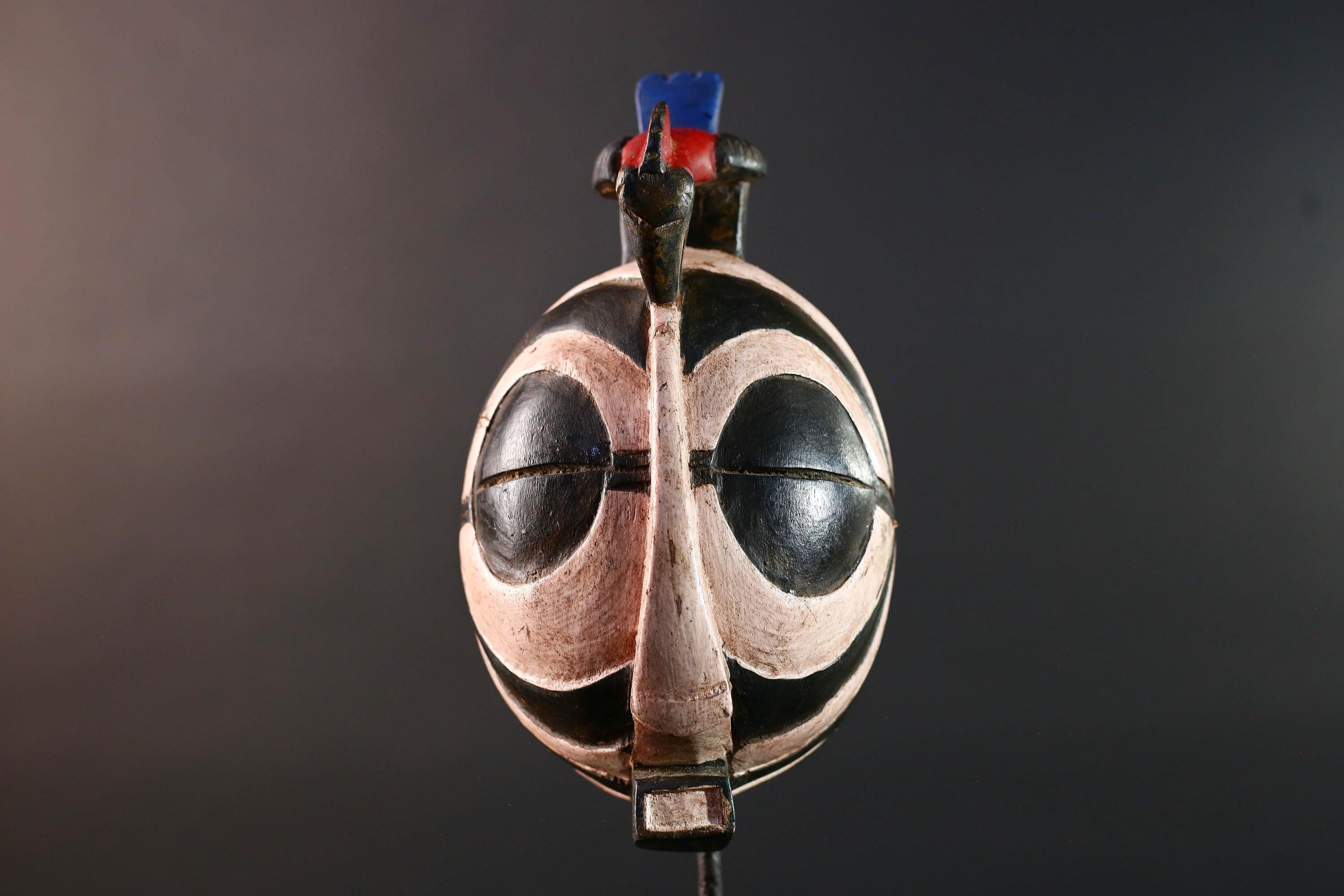 African tribal mask Bwa carved wood wall art with bold black white face round eyes geometric bird crest symbolic ethnic sculpture-G5515