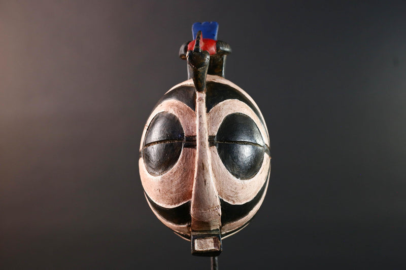 African tribal mask Bwa carved wood wall art with bold black white face round eyes geometric bird crest symbolic ethnic sculpture-G5515