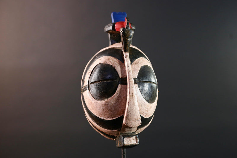 African tribal mask Bwa carved wood wall art with bold black white face round eyes geometric bird crest symbolic ethnic sculpture-G5515
