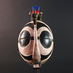 African tribal mask Bwa carved wood wall art with bold black white face round eyes geometric bird crest symbolic ethnic sculpture-G5515