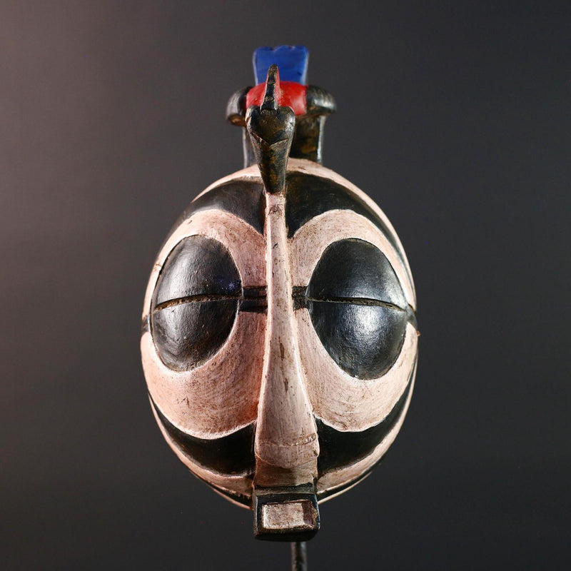 African tribal mask Bwa carved wood wall art with bold black white face round eyes geometric bird crest symbolic ethnic sculpture-G5515