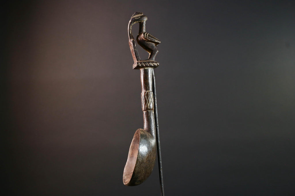 African tribal spoon carved wood wall decor with bird finial deep bowl sculptural handle rustic tribal artwork symbolic display-G5514