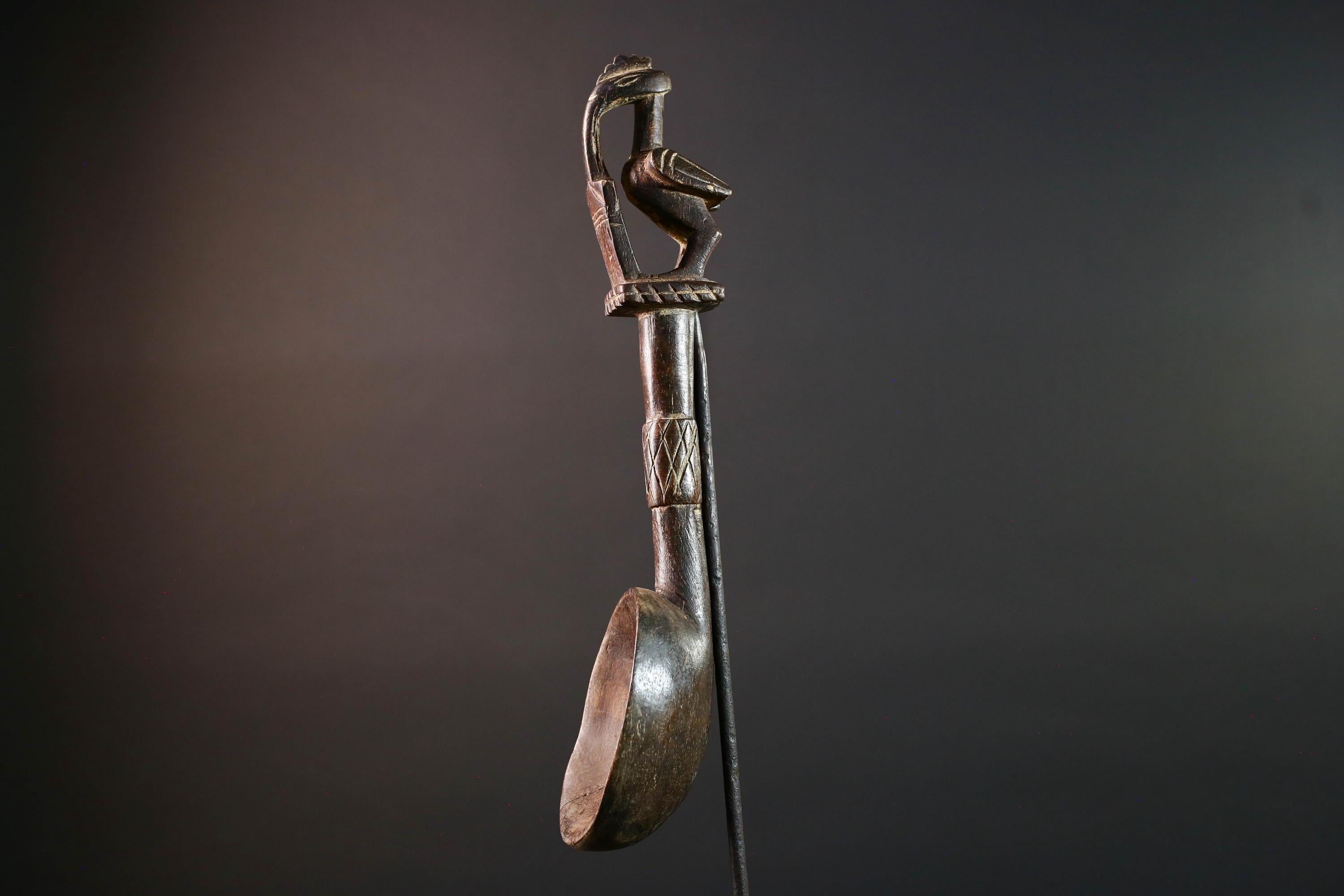 African tribal spoon carved wood wall decor with bird finial deep bowl sculptural handle rustic tribal artwork symbolic display-G5514