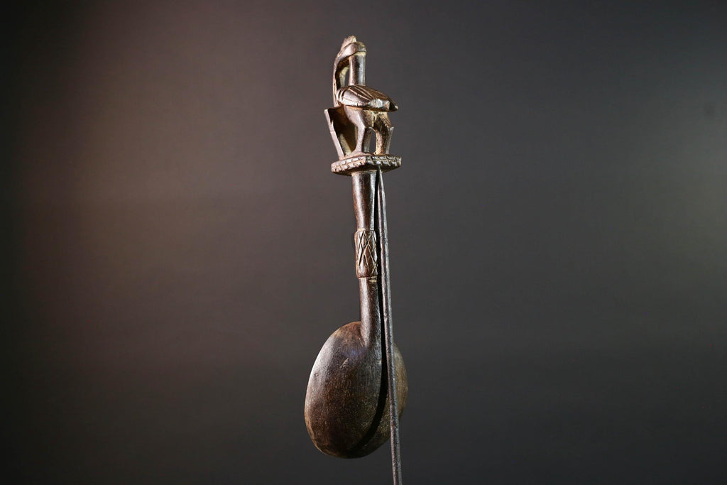 African tribal spoon carved wood wall decor with bird finial deep bowl sculptural handle rustic tribal artwork symbolic display-G5514