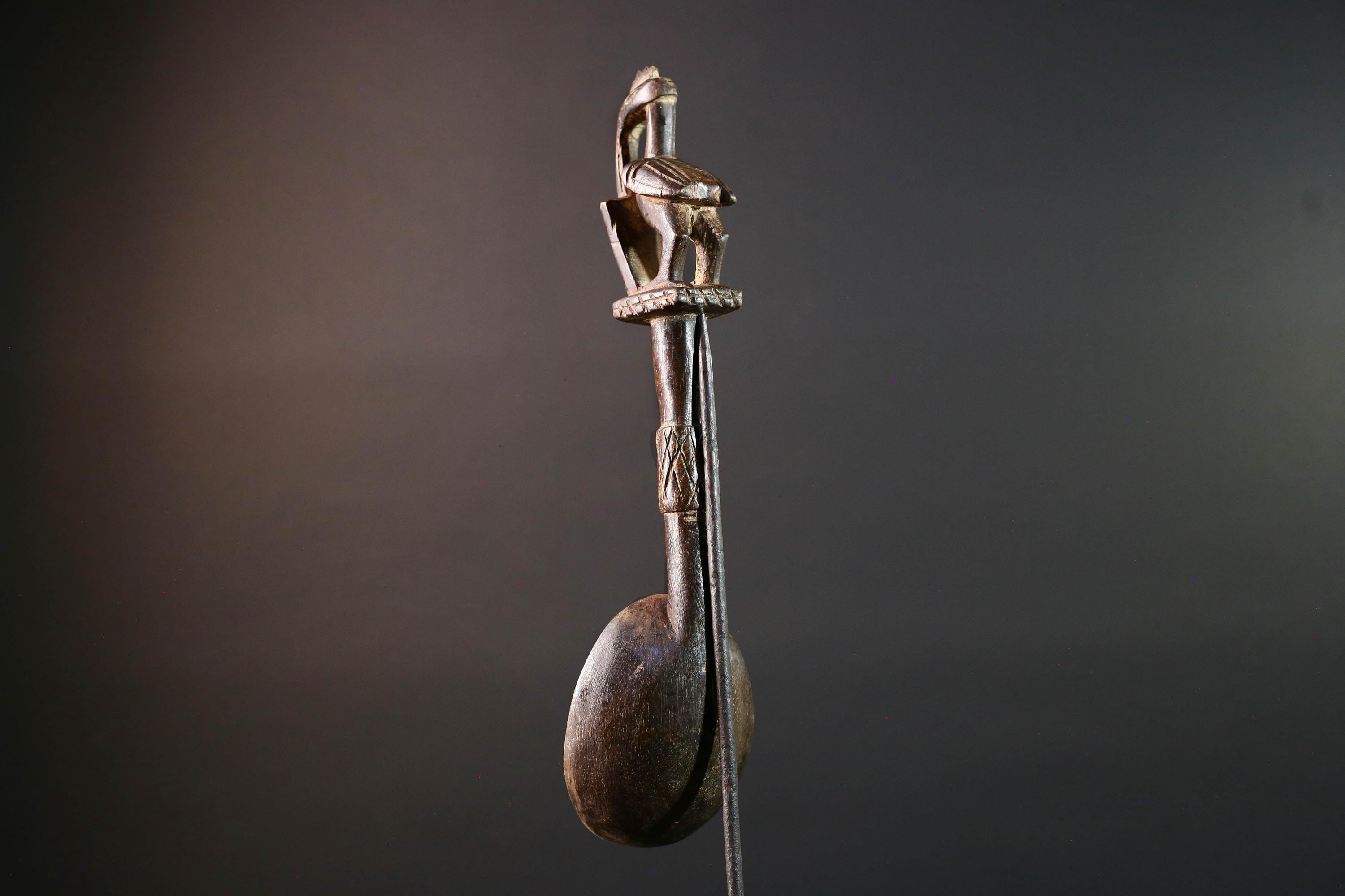 African tribal spoon carved wood wall decor with bird finial deep bowl sculptural handle rustic tribal artwork symbolic display-G5514