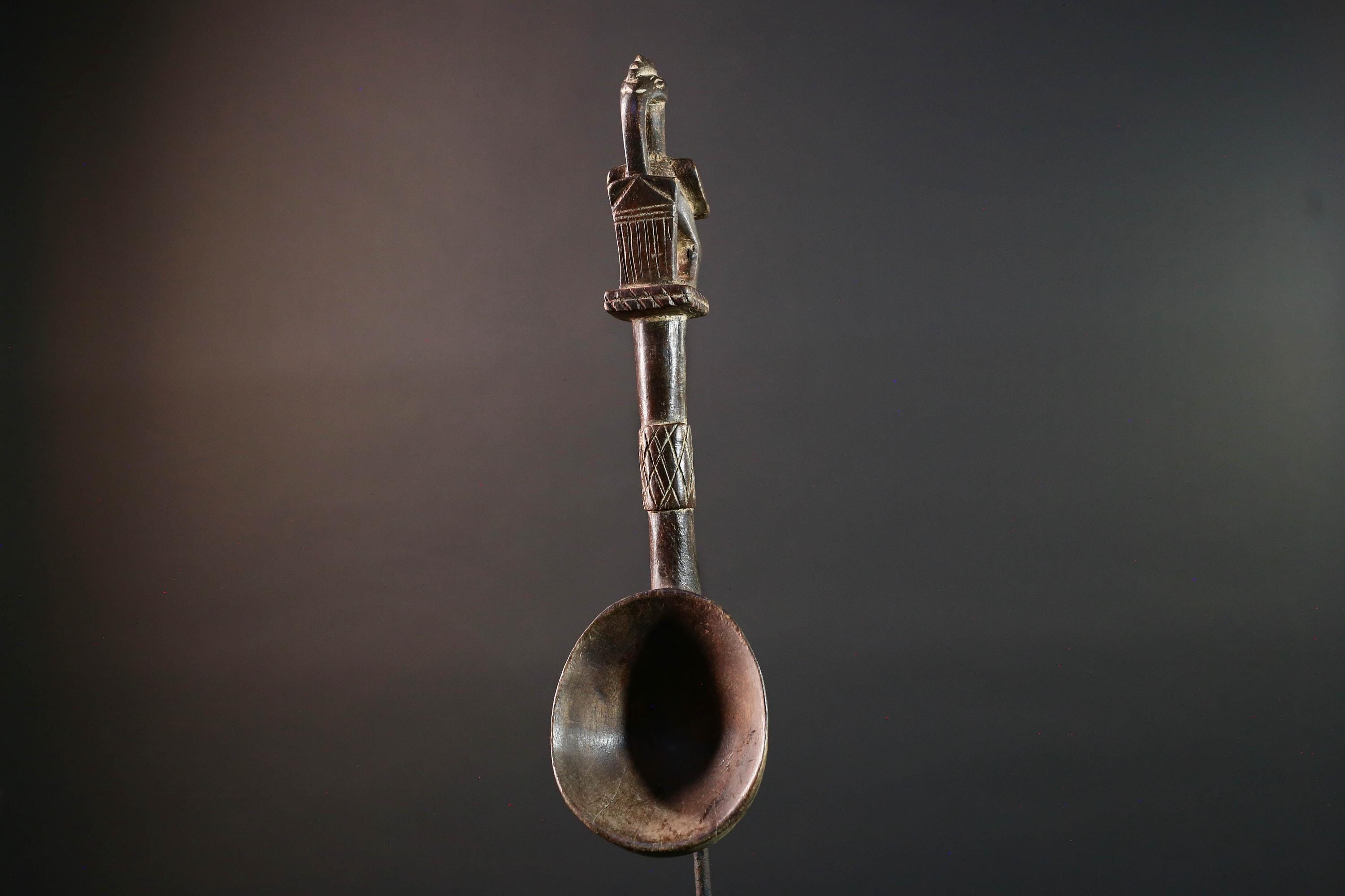 African tribal spoon carved wood wall decor with bird finial deep bowl sculptural handle rustic tribal artwork symbolic display-G5514