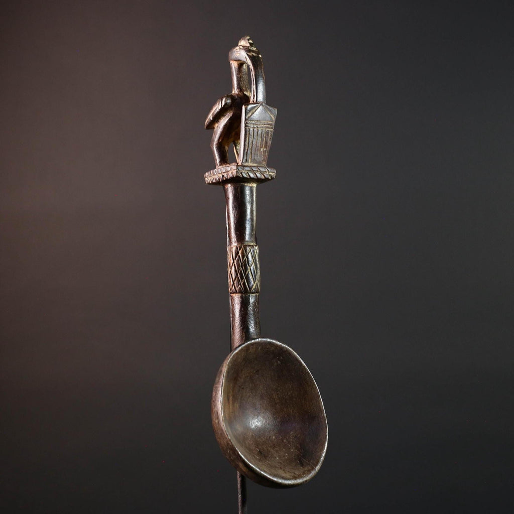African tribal spoon carved wood wall decor with bird finial deep bowl sculptural handle rustic tribal artwork symbolic display-G5514