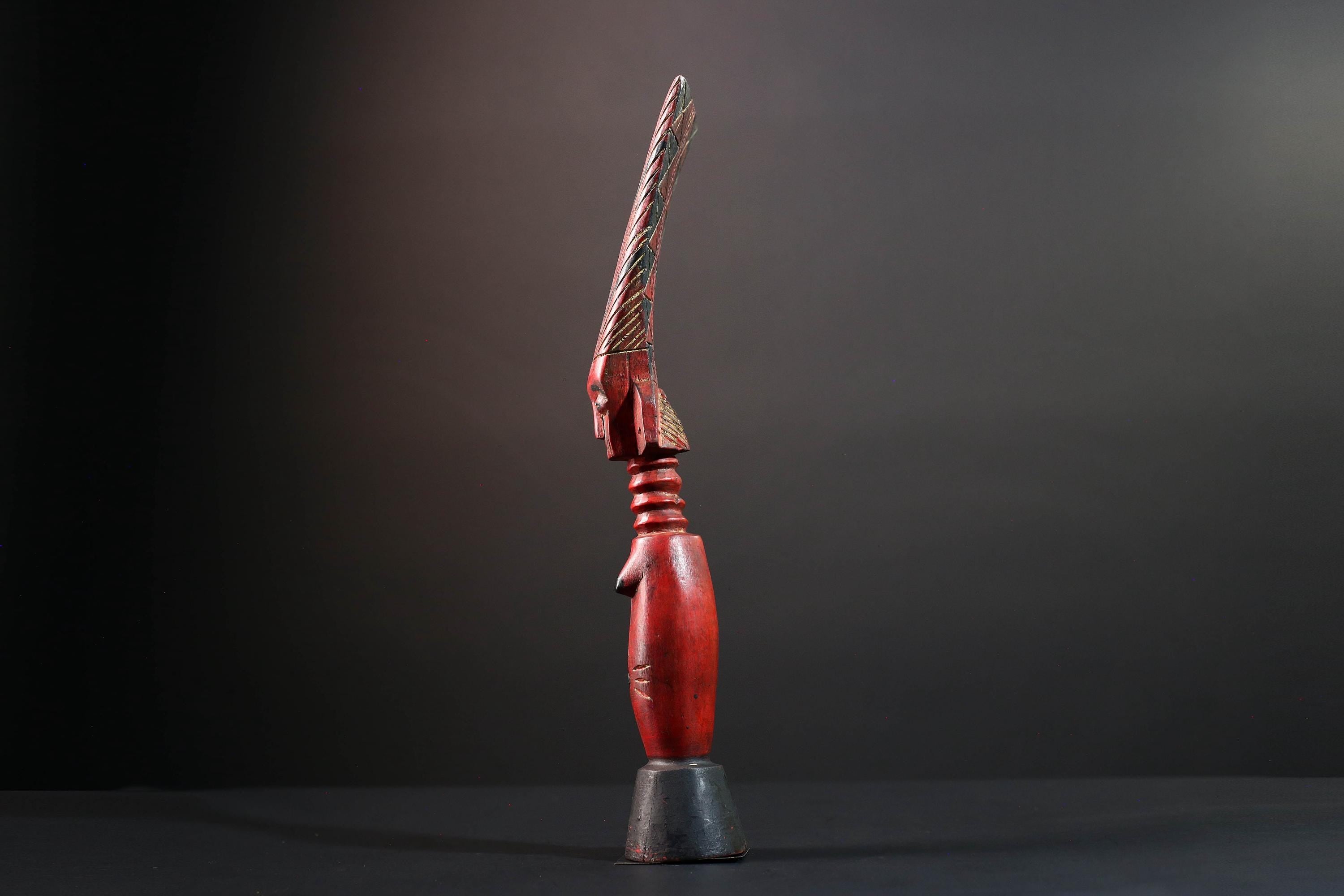African tribal sculpture female carved wood art red body scarified belly geometric hair crest rustic fertility decor ethnic figure-G5513