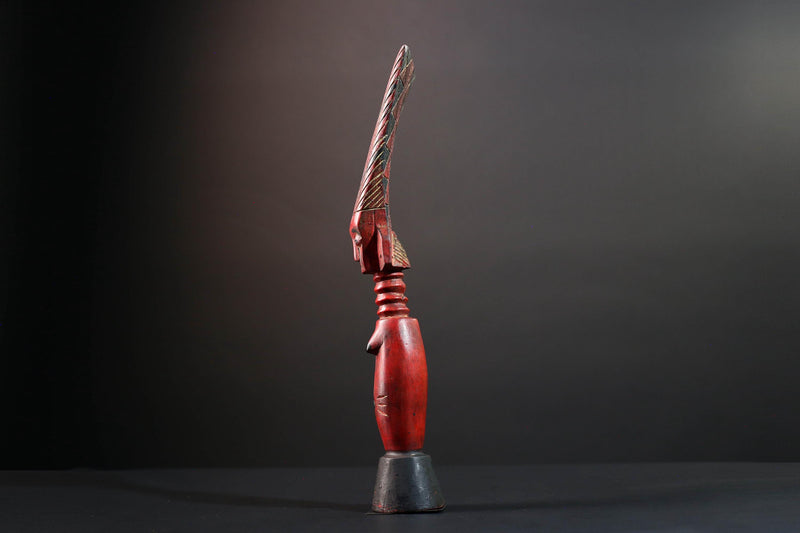 African tribal sculpture female carved wood art red body scarified belly geometric hair crest rustic fertility decor ethnic figure-G5513