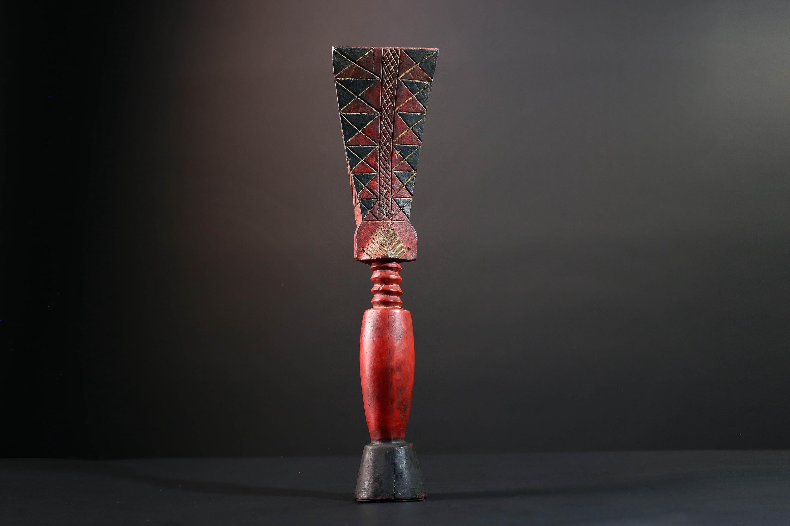 African tribal sculpture female carved wood art red body scarified belly geometric hair crest rustic fertility decor ethnic figure-G5513