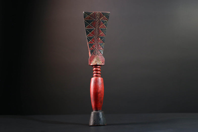 African tribal sculpture female carved wood art red body scarified belly geometric hair crest rustic fertility decor ethnic figure-G5513